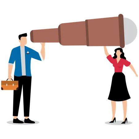 Business teammates helping each other to look forward through telescope  Illustration