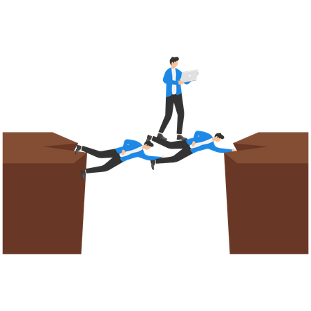 Business teams help their managers cross the cliff to achieve business targets  Illustration