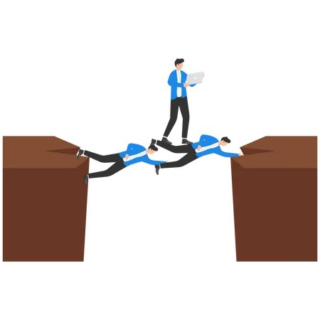 Business Teams Help Their Managers Cross The Cliff To Achieve Business Targets Coworker And Success Concept Illustration