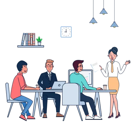 Business Staff Talking And Working At The Computers And Chart In Meeting Room Flat Illustration Vector Design Illustration