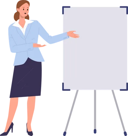 Business Woman Trainer Flat Cartoon Character Present Marketing Information On Seminar Using Whiteboard Copy Space Female Coach Trade Manager Training Lecturer Presenting Effective Strategy Illustration