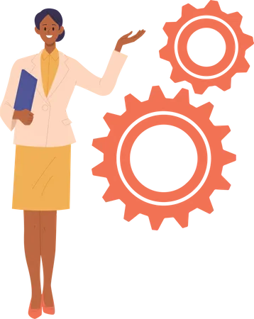 Woman business trainer in formal wear standing by cogwheels sharing effective idea to achieve goal  Illustration