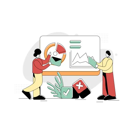 Flat Illustration Vector Graphic Of Staff Training Concept Of A Boss Testing New Staff In Front Of The Pie Analysis Screen Board Minimal Retro Style In Green Red Yellow Perfect For Ui Ux Illustration