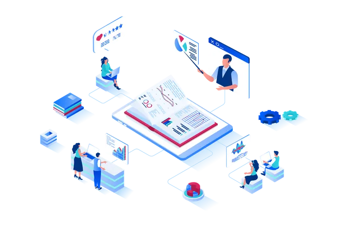 Business Training 3 D Isometric Web Design People Improve Their Professional Skills At Business Meetings Listen To Coach Analyze Company Data On Graphics And Read Textbooks Vector Web Illustration Illustration
