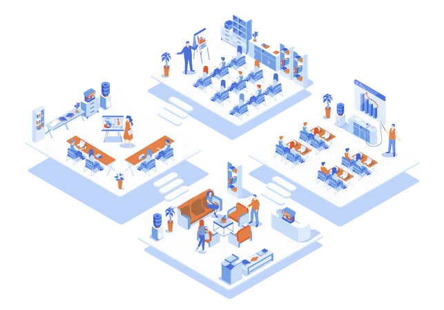 Business Training Concept 3 D Isometric Web Scene With Infographic People Working In Classrooms Team At Meeting Listening Teacher In Conference Room Vector Illustration In Isometry Graphic Design Illustration