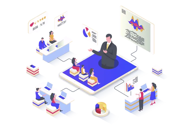 Business Training Concept In 3 D Isometric Design Colleagues Listen To Webinar Of Success Coach Improve And Develop Professional Skills Vector Illustration With Isometry People Scene For Web Graphic Illustration