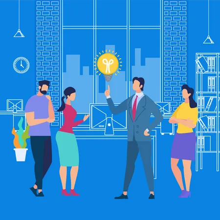 Man In Suit Point On Light Bulb On Blue Background With Outline Office Interior Business Training Or Sharing Idea With Employees Listening And Interacting With Coach Cartoon Flat Vector Illustration Illustration