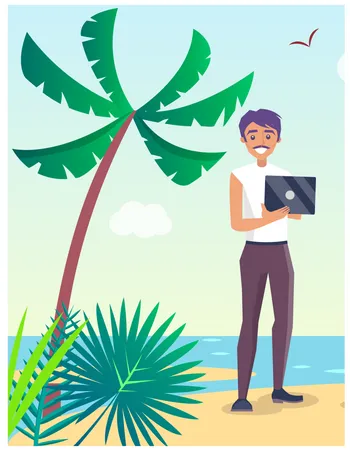 Business Travelling Poster With Man Freelancer Holding Notebook In Hands On Seaside Vector Illustration Male With Gadget On Seaside Illustration