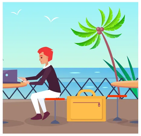 Business Travelling Businessman Sitting At Port And Waiting For Transport Laptop And Man Sea And Flying Birds Isolated On Vector Illustration Illustration