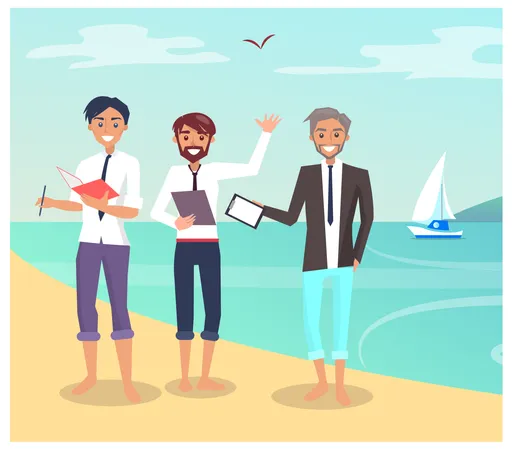 Business Travelling Businessman With Papers And Pens Beach And Summer Ocean Sailboat And Clear Blue Sky Isolated On Vector Illustration Illustration