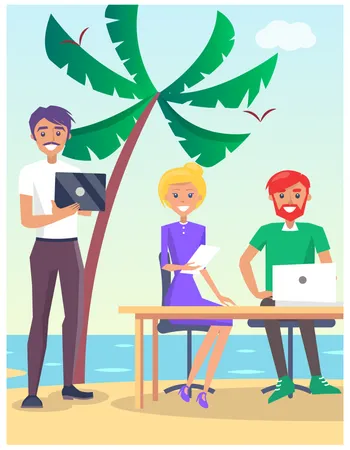 Business Travelling Poster With People In Expensive Cloth Sitting At Table On Beach With Modern Computers Vector Illustration Of Meeting On Seaside イラスト