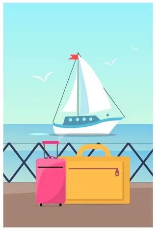 Business Travelling Ship And Flying Seagulls Port And Bags Of People Luggages And Journey Text Sample And Headline Isolated On Vector Illustration Illustration