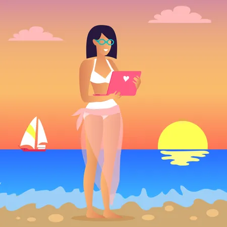 Business Trip Woman Wearing Swimming Suit Standing With Laptop Reflection Of Sun In Sea Water Sailboat And Clouds Isolated On Vector Illustration Illustration