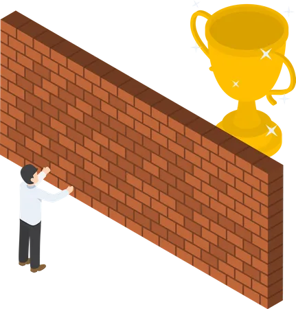 Isometric Businessman Standing In Front Of Brick Wall With Trophy Behind Business Obstacle Concept VECTOR EPS 10 Illustration