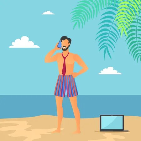Business Vacations Of Man Poster With Businessman Talking On Phone Laptop Placed On Hot Sand Seaside And Palms With Clouds Vector Illustration Illustration
