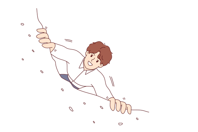 Business venture for brave man taking risky action and hanging off edge of cliff  Illustration