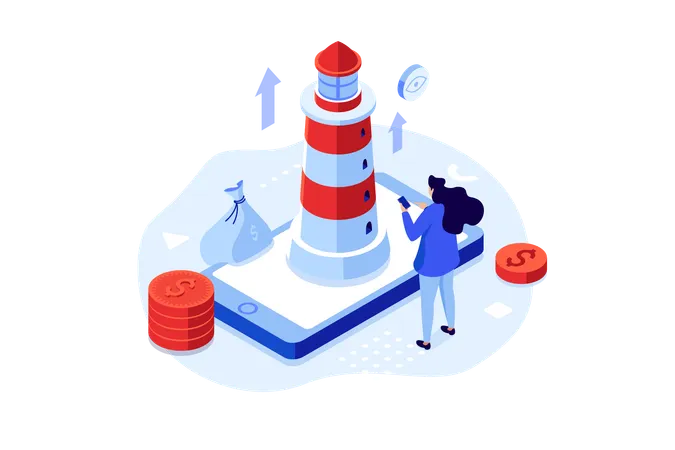 Businesswoman Near Mobile Phone With Lighthouse And Money Business Vision Concept Isometric Vector Illustration Boosting Successful Startup With E Marketing Cartoon Character Colour Composition Illustration