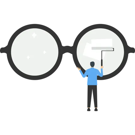 Seeing Concept Clear Business Vision See Through Lens In Detail Or Clean And Clear Business View Concept Mini Worker Cleaning Big Eyeglass Lens For Owner To Get Clear Vision Illustration