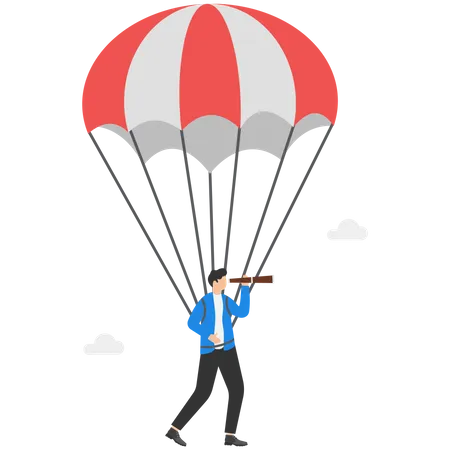 Business Visionary Leadership To Achieve Mission Victory Or Career Path Concept Smart Businessman Flying High On Hot Air Balloon Using Spyglass Or Telescope To See Through Business Vision Illustration