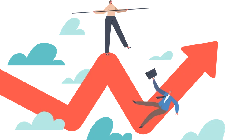 Businessmen Characters Trying To Balance Like Tightrope Walker And Fall Down From Zig Zag Arrow Profit Graph Volatility Gobble Investment During Financial Crisis Cartoon People Vector Illustration Illustration