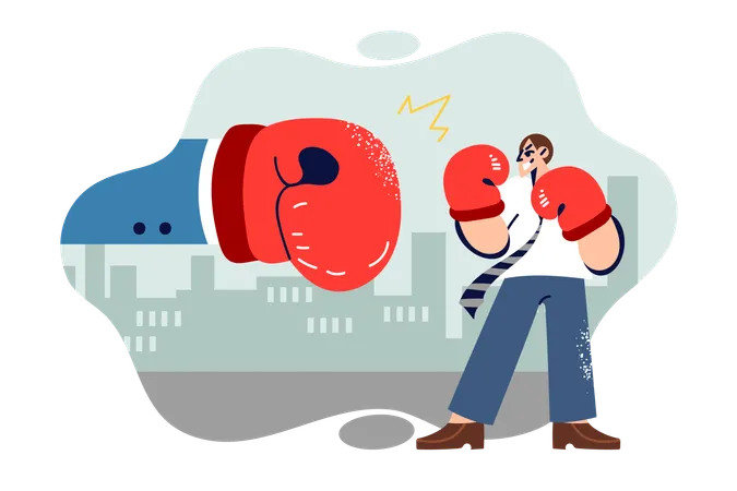 Business War Between White Collar Man And Manager Fighting With Boxing Gloves Hand Big Boss Strikes Weak Employee In Need Of Protection From Trade Union From Arbitrariness Of Business Management Illustration