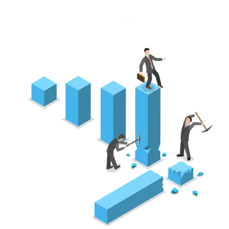Business Wars Isometric Flat Vector Concept Man Is Jumping Up On The Financial Graph Columns But Two Other Men Impede Him To Do It By Breaking Columns Illustration