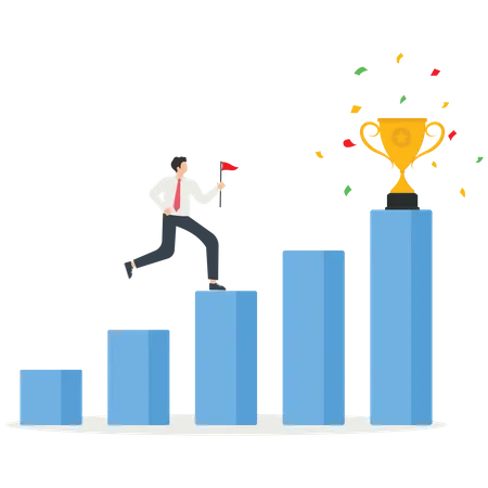 Business Winner Achieving A Career Goal And Success Winning A Prize Or Bonus Fulfilling A Challenge Or Mission The Man Runs Up The Bar Graph Like A Ladder Of Success With A Flag To The Finale Vector Illustration