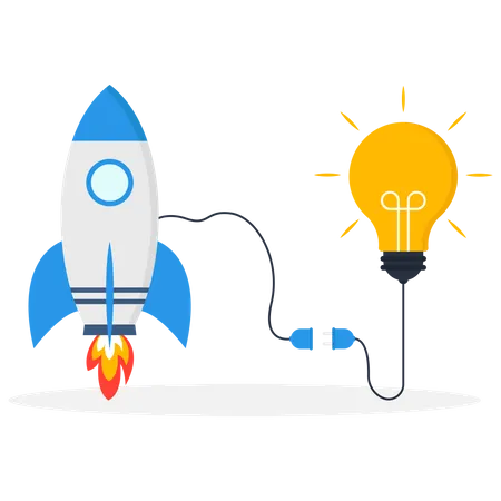 Business with creativity a businessman connects a light bulb to a rocket Illustration