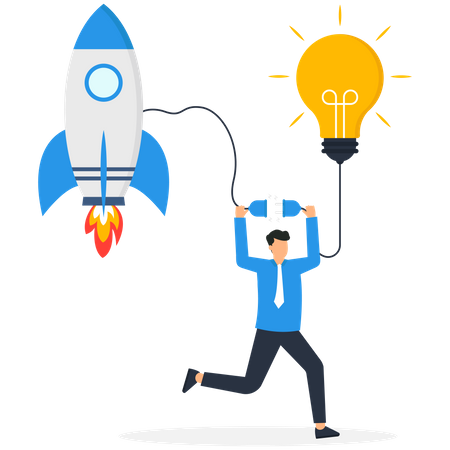 Business with creativity a businessman connects a light bulb to a rocket Illustration