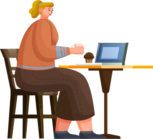Woman Character Sitting At Table With Cup Cake And Laptop Worker Breaktime With Coffee And Dessert In Cafe Female Drinking Java And Communicating With Computer In Restaurant Business Lunch Vector Illustration