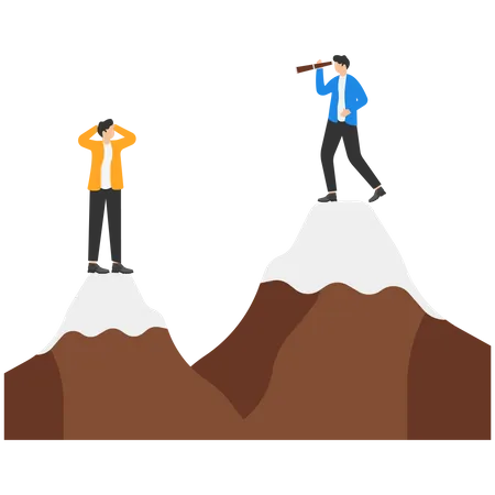 Doing Business Without Underestimating Competitor Strategy To Sustain Growth Among Competitive Market Concept Entrepreneur Businessman Using Telescope To Look At Competitor On Mountain Below Illustration