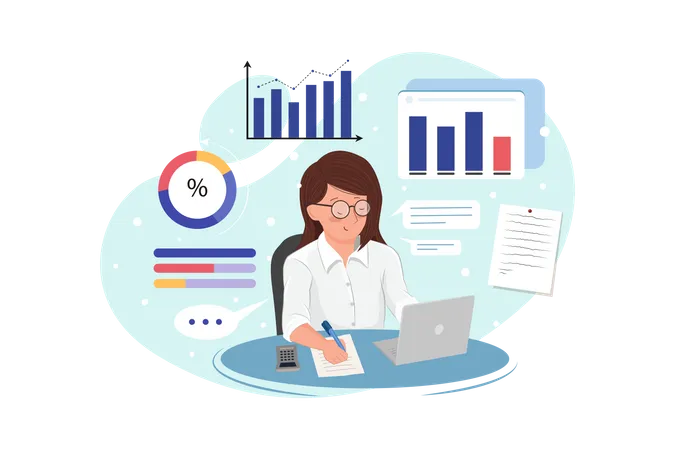 Business woman analyze data and makes accounting report  Illustration