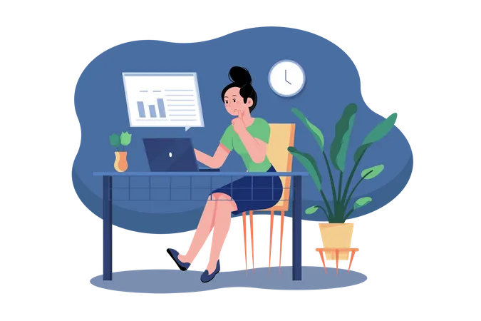 Marketing Strategy Businesswoman Thinking And Plan Business Strategy With A Laptop Illustration