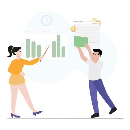 Business woman and man presenting analysis report  Illustration