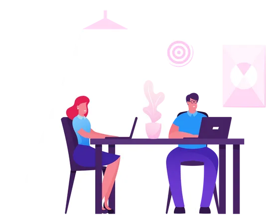 Business Woman And Man Working On Personal Computer In Creative Office Workplace Hardwork Male Female Characters Corporate Company Workers Sitting At Desk Work On Pc Cartoon Flat Vector Illustration Illustration