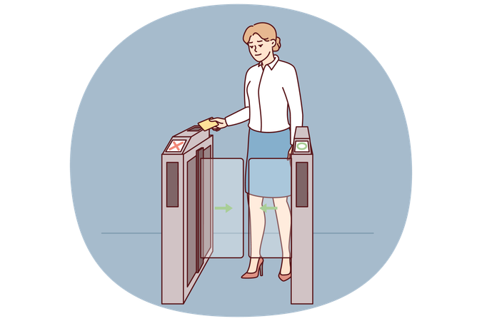 Business woman applying pass to go through turnstile at entrance to office  Illustration