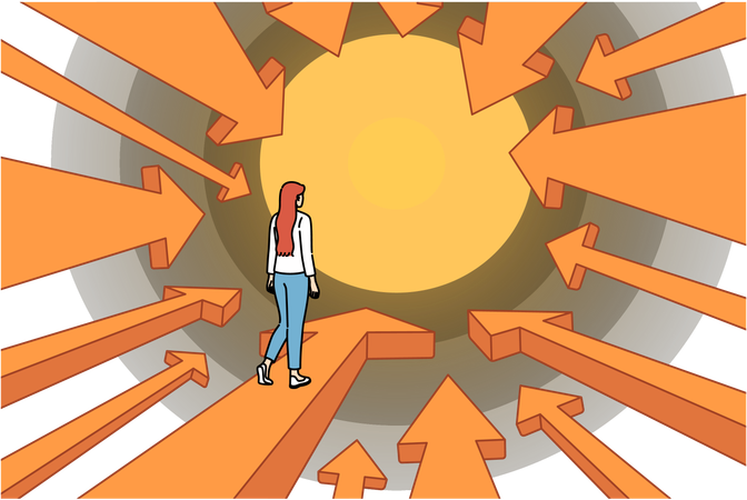 Business woman boldly follows risky path made of arrows pointing to big goal and success  Illustration