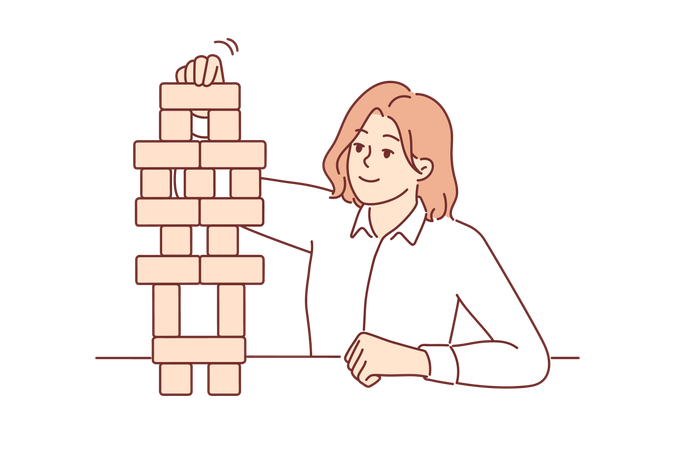 Business woman builds tower of wooden cubes symbolizing sustainable business strategy  일러스트레이션
