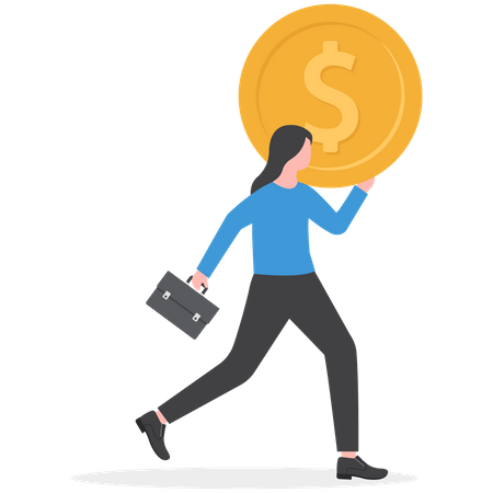 Business Woman carrying a golden coin with dollar sign  Illustration