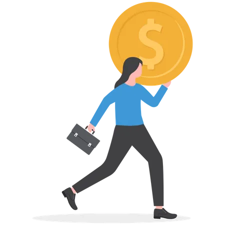 Business Woman Carrying A Golden Coin With Dollar Sign Attraction And Accumulation Of Capital Concepts Illustration