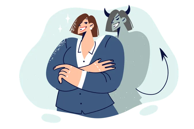 Business Woman Casting Devil Shadow Standing With Crossed Arms For Concept Of Evil Intent Mean Girl In Business Clothes Smiles And Thinks About Plan For Unfair Competition Or Aggressive Marketing Illustration