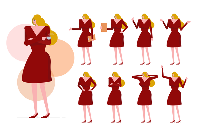 Business Woman Character With Different Action Illustration
