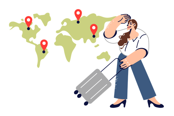 Business woman chooses place for emigration, standing near world map with suitcase for travel  Illustration