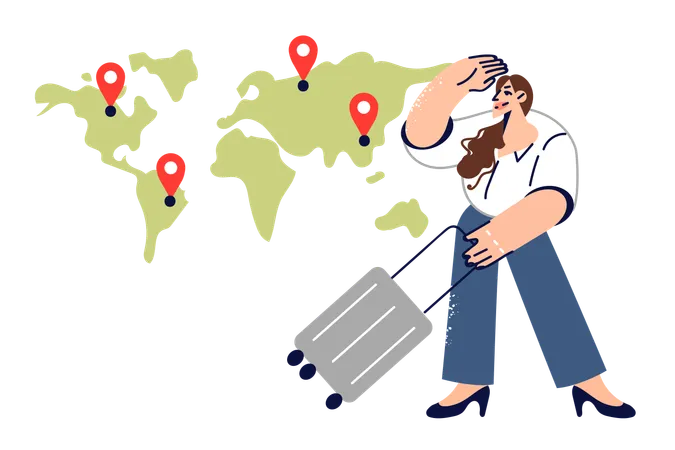 Business woman chooses place for emigration, standing near world map with suitcase for travel  Illustration