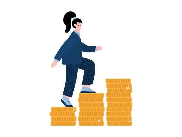 Business woman climbing up coins Illustration
