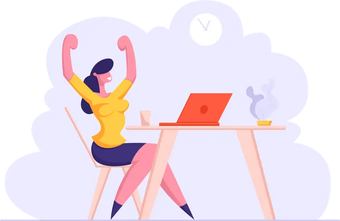 Office Employee At Workplace Happy Woman Manager Character Sitting At Desk With Laptop Rejoice With Waving Hands For Finishing Job Successful Girl Company Worker Cartoon Flat Vector Illustration Illustration