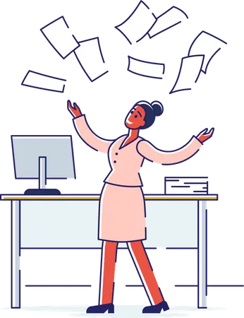 Concept Happy Working Day Fun At The Office Cheerful Working Day Happy Woman Is Having Fun At The Office Girl Is Throwing Up Documents Cartoon Linear Outline Flat Style Vector Illustration Illustration