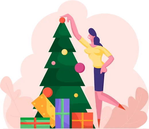 Business Woman Decorating Christmas Tree With Many Gifts And Put Ball On Top Happy Girl Character Preparing For New Year And Xmas Celebration Winter Season Holidays Cartoon Flat Vector Illustration Illustration
