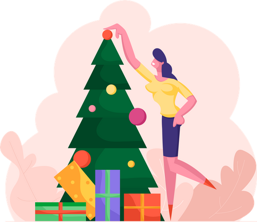 Business Woman Decorating Christmas Tree  Illustration