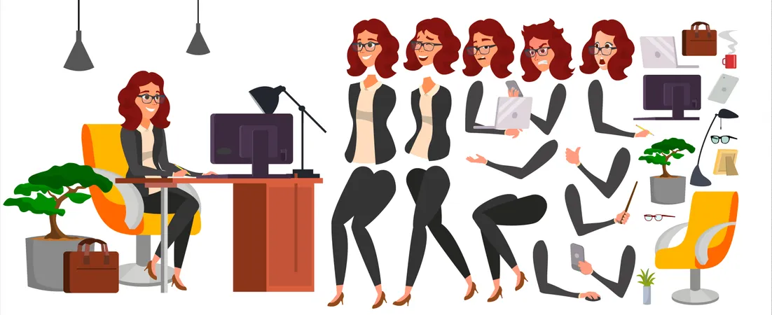 Business Woman Different Body Parts Illustration